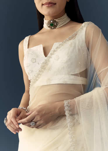 Off White Net Cutwork Border Saree with Unstitched Blouse