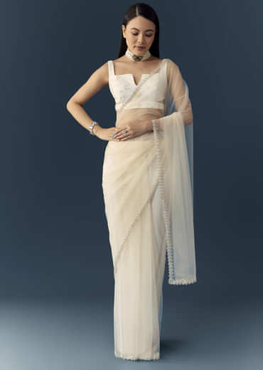 Off White Net Cutwork Border Saree with Unstitched Blouse