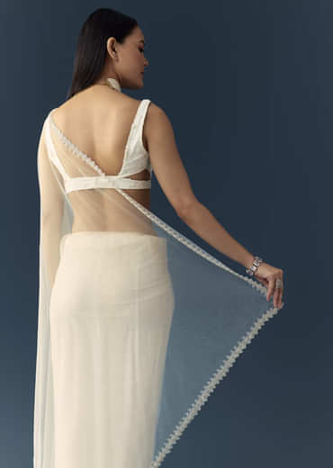 Off White Net Cutwork Border Saree with Unstitched Blouse