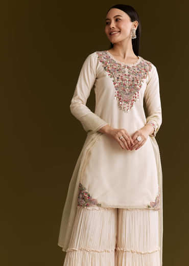 Off White Organza Embroidered Kurta Set With Dupatta