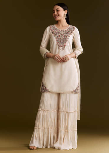 Off White Organza Embroidered Kurta Set With Dupatta