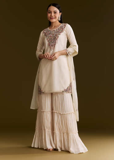 Off White Organza Embroidered Kurta Set With Dupatta