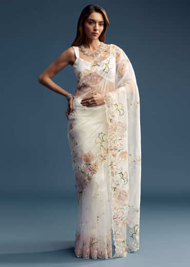 Off White Paper Tissue Saree With Floral Embroidery