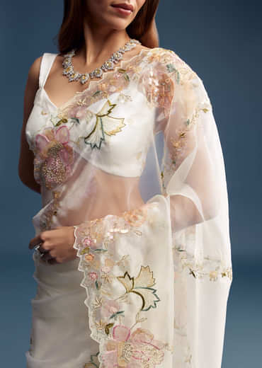 Off White Paper Tissue Saree With Floral Embroidery