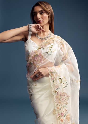 Off White Paper Tissue Saree With Floral Embroidery