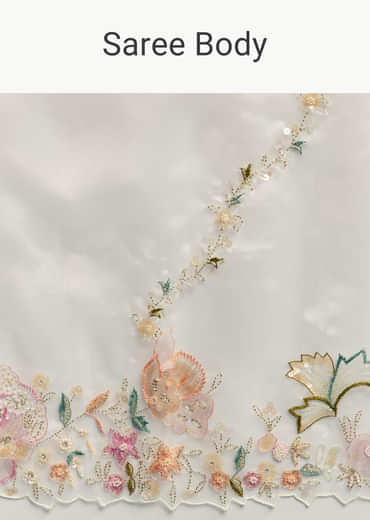 Off White Paper Tissue Saree With Floral Embroidery