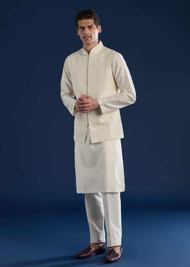 Off White Raw Silk Jacket and Kurta Set with Dori Work