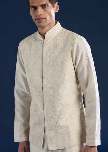 Off White Raw Silk Jacket and Kurta Set with Dori Work