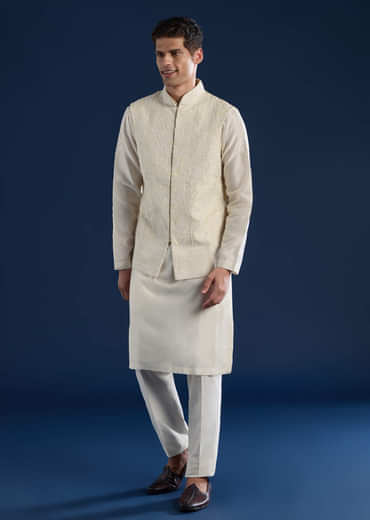 Off White Raw Silk Jacket and Kurta Set with Dori Work