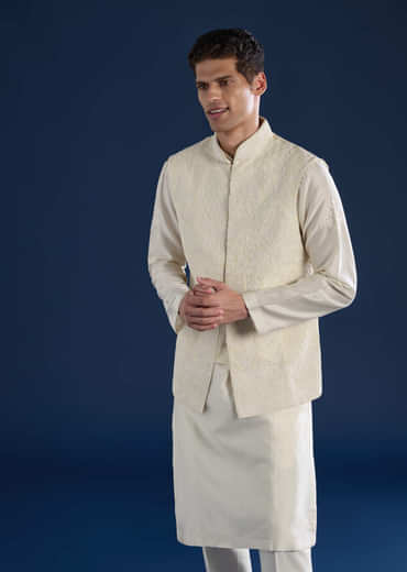 Off White Raw Silk Jacket and Kurta Set with Dori Work