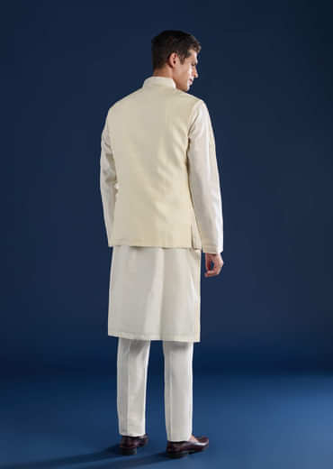 Off White Raw Silk Jacket and Kurta Set with Dori Work