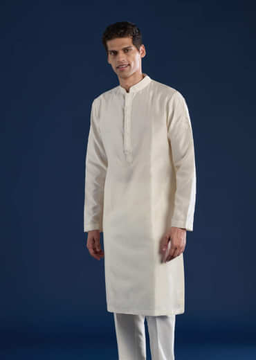 Off White Raw Silk Jacket and Kurta Set with Dori Work