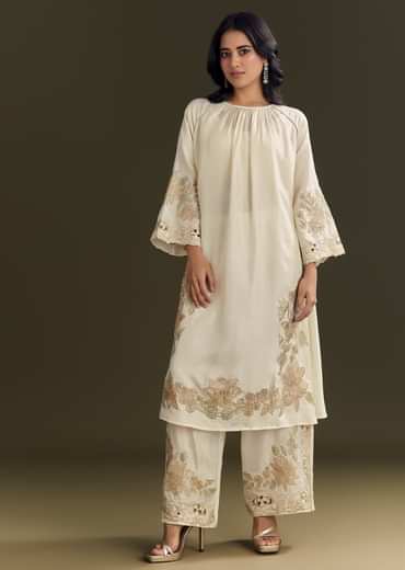 Off White Russian Silk Kurta Dupatta Set With Applique Zari Work