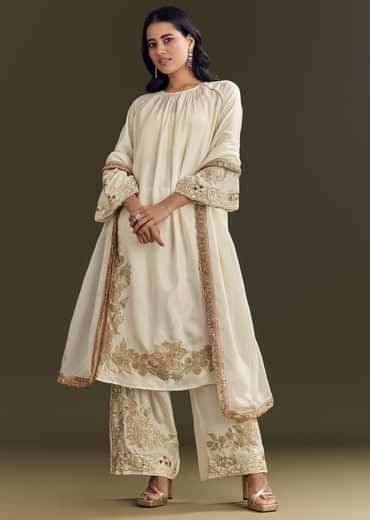 Off White Russian Silk Kurta Dupatta Set With Applique Zari Work