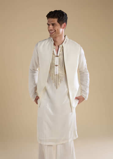 Off White Sequin Kurta and Jacket Set