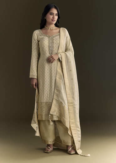 Off White Sequin Zardosi Kurta With Zari Badla Work Border Dupatta