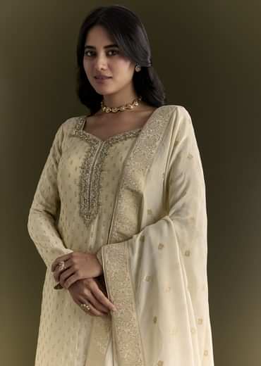 Off White Sequin Zardosi Kurta With Zari Badla Work Border Dupatta