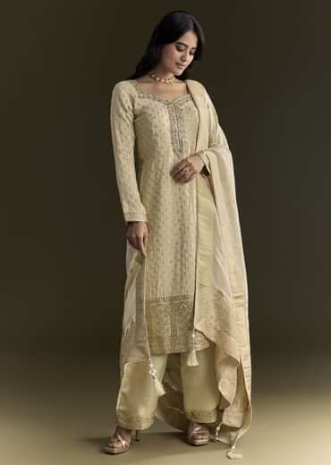 Off White Sequin Zardosi Kurta With Zari Badla Work Border Dupatta