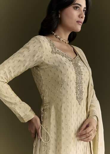 Off White Sequin Zardosi Kurta With Zari Badla Work Border Dupatta