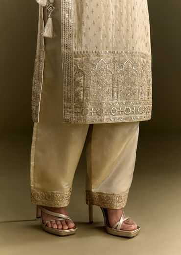 Off White Sequin Zardosi Kurta With Zari Badla Work Border Dupatta