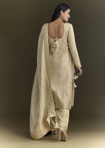 Off White Sequin Zardosi Kurta With Zari Badla Work Border Dupatta
