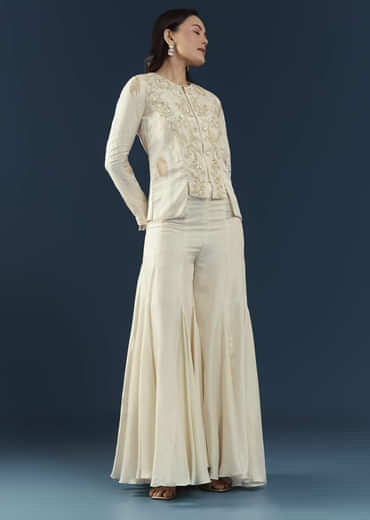 Off White Silk Embroidered Crop Top and Pant Set