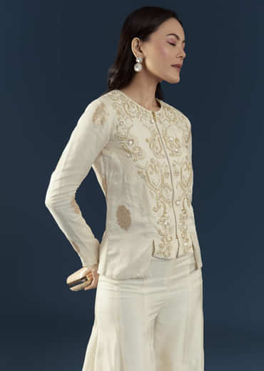 Off White Silk Embroidered Crop Top and Pant Set