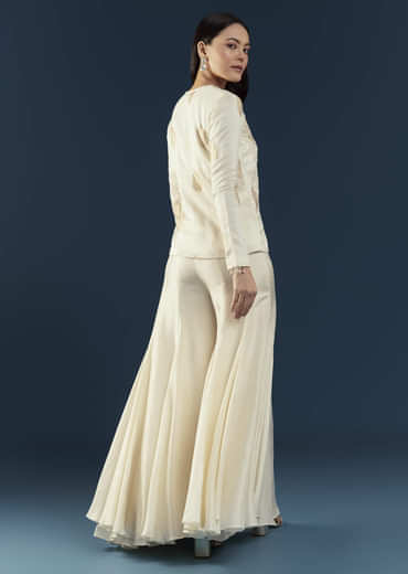 Off White Silk Embroidered Crop Top and Pant Set