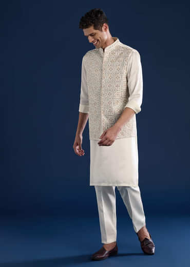 Off White Silk Jacket Kurta Set with Mirror Work