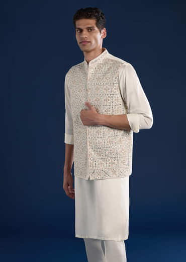 Off White Silk Jacket Kurta Set with Mirror Work