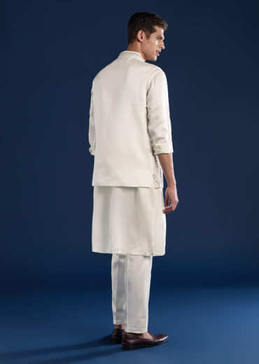 Off White Silk Jacket Kurta Set with Mirror Work