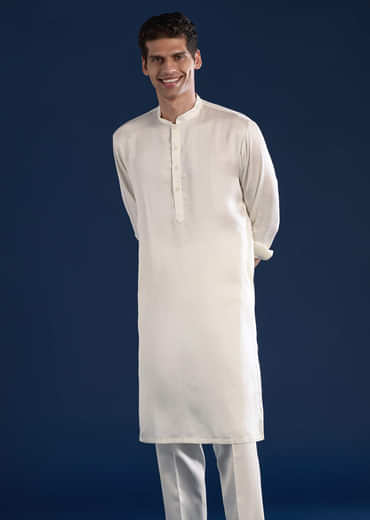 Off White Silk Jacket Kurta Set with Mirror Work