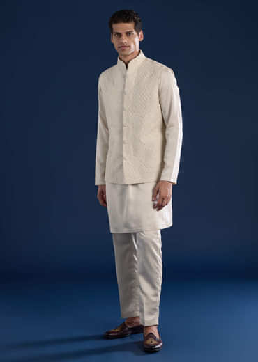 Off White Silk Jacket Kurta Set with Moti Work