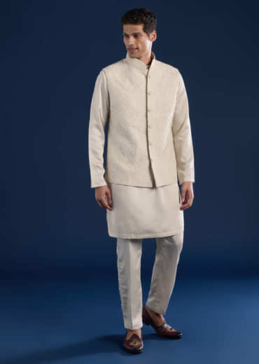 Off White Silk Jacket Kurta Set with Moti Work