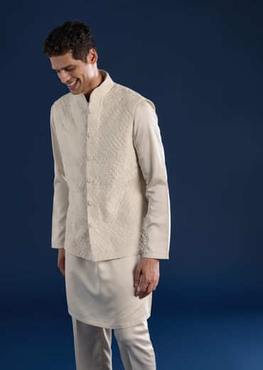 Off White Silk Jacket Kurta Set with Moti Work
