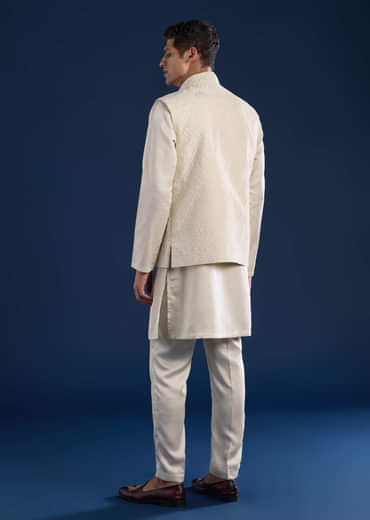 Off White Silk Jacket Kurta Set with Moti Work