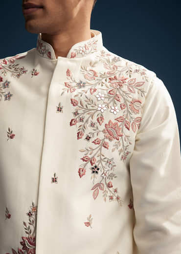 Off White Silk Kurta Jacket Set For Men With Heavy Embroidery