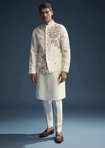Off White Silk Kurta Jacket Set For Men With Heavy Embroidery