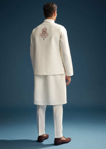 Off White Silk Kurta Jacket Set For Men With Heavy Embroidery