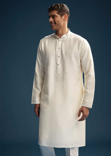 Off White Silk Kurta Jacket Set For Men With Heavy Embroidery