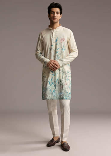 Off White Silk Kurta Set For Men With Botanical Garden Print