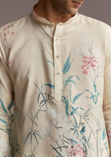 Off White Silk Kurta Set For Men With Botanical Garden Print