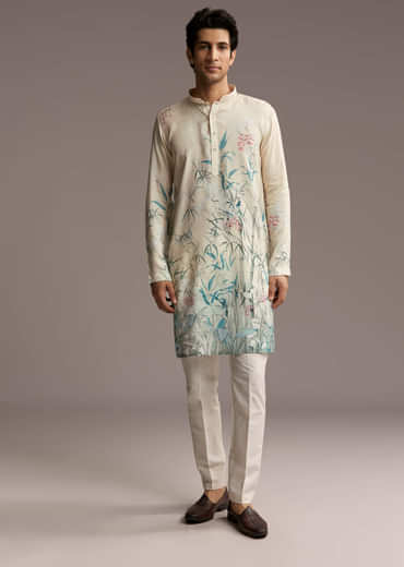 Off White Silk Kurta Set For Men With Botanical Garden Print