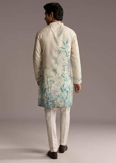 Off White Silk Kurta Set For Men With Botanical Garden Print