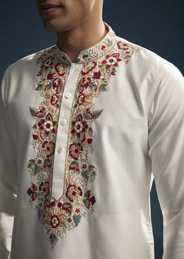 Off White Silk Kurta Set For Men With Resham Embroidery