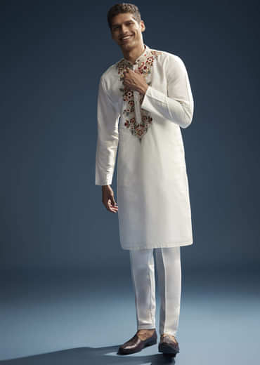 Off White Silk Kurta Set For Men With Resham Embroidery