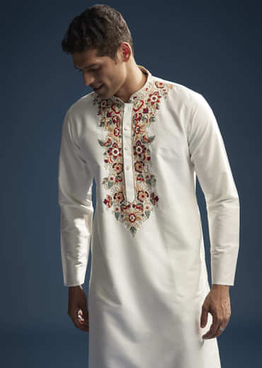Off White Silk Kurta Set For Men With Resham Embroidery