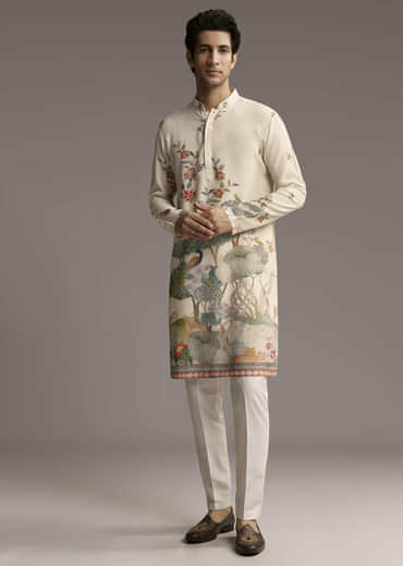 Off White Silk Kurta Set For Men With Scenic Nature Inspired Print