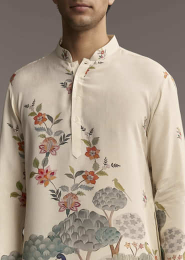Off White Silk Kurta Set For Men With Scenic Nature Inspired Print