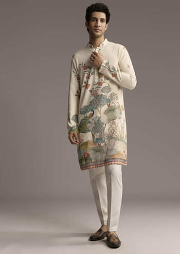 Off White Silk Kurta Set For Men With Scenic Nature Inspired Print